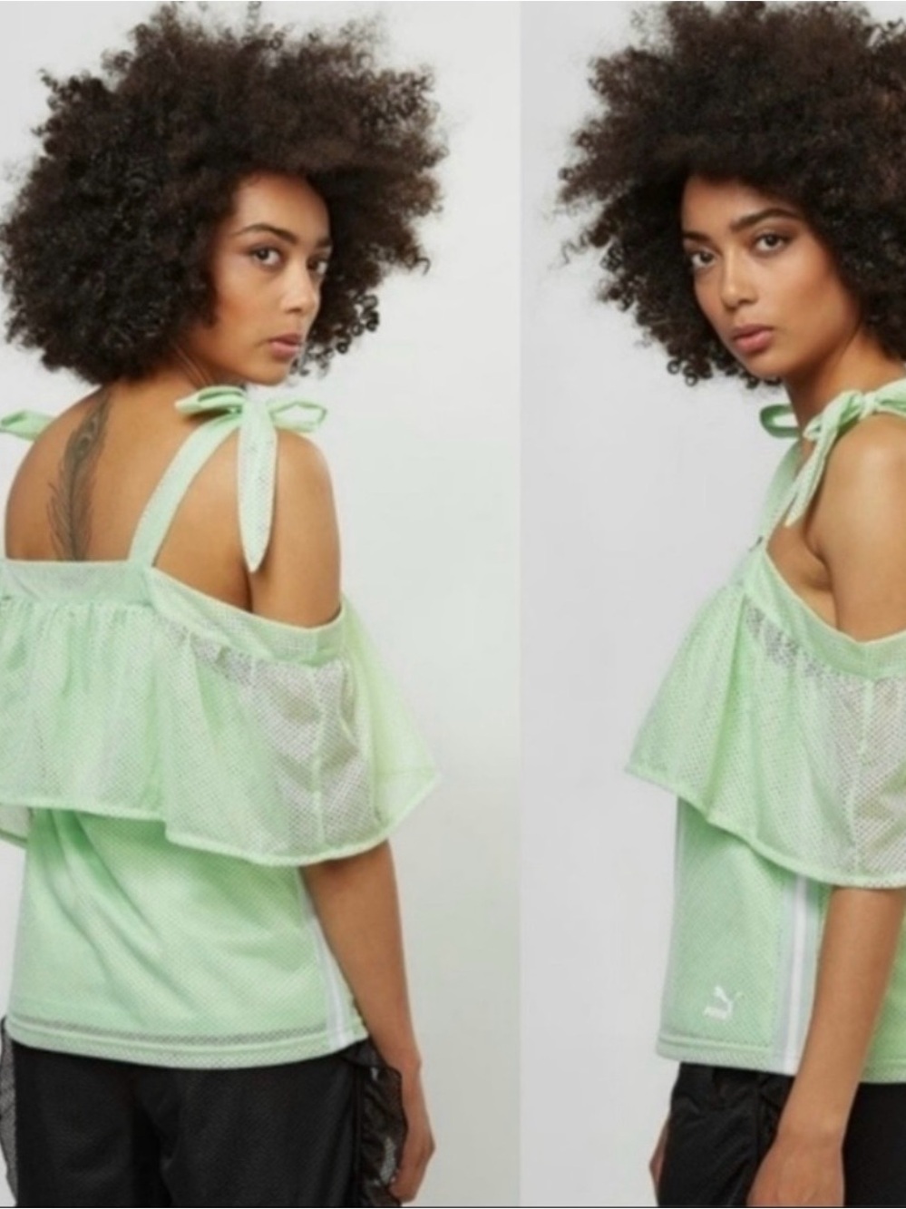 Puma Mint Green Off-Shoulder Mesh Camisole with Tie Straps